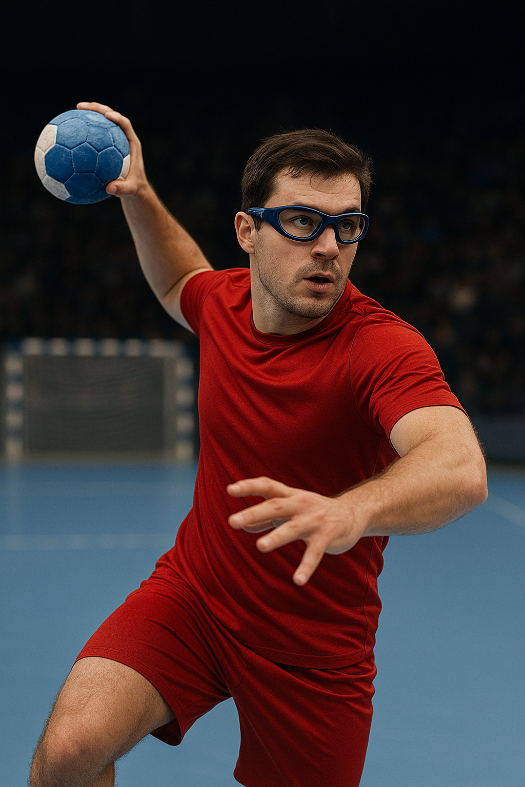 Na slici se nalazi sportaš rukometaš koji nosi dioptrijske naočale za kontaktne sportove. Ima crveni dres i drži loptu u desnoj ruci.